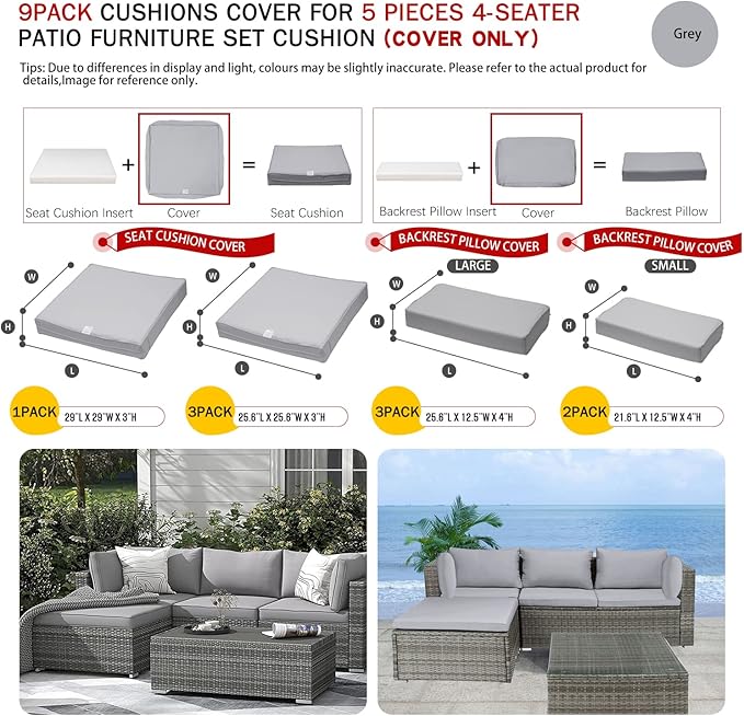 ClawsCover 9Pack Outdoor Seat and Back Cushions Replacement Covers Fit for 5 Pieces 4-Seater Wicker Rattan Patio Conversation Set Sectional Couch Furniture,Gray-Include Covers Only (Large)