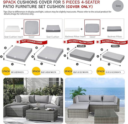 ClawsCover 9Pack Outdoor Seat and Back Cushions Replacement Covers Fit for 5 Pieces 4-Seater Wicker Rattan Patio Conversation Set Sectional Couch Furniture,Gray-Include Covers Only (Large)