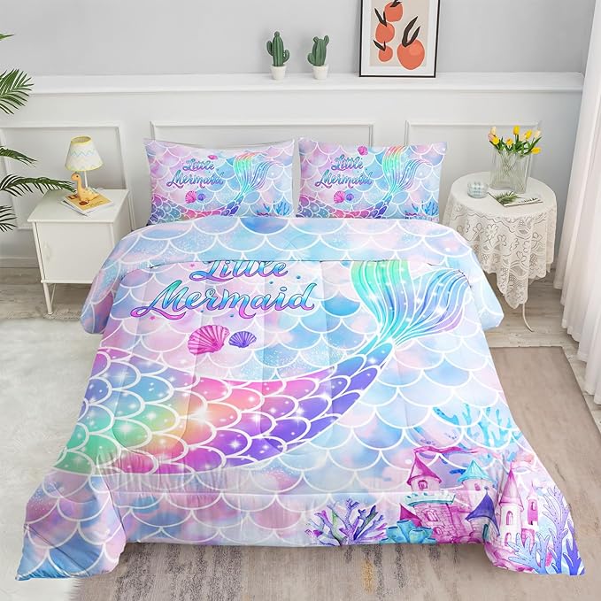 Datura home Bedding Comforter Set Rainbow Purple Mermaid Tail Printed Comforter Set with 1 Comforter and 2 Pillowcases for Girls Bedroom All Season(Rainbow Purple Twin)