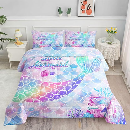 Datura home Bedding Comforter Set Rainbow Purple Mermaid Tail Printed Comforter Set with 1 Comforter and 2 Pillowcases for Girls Bedroom All Season(Rainbow Purple Queen)