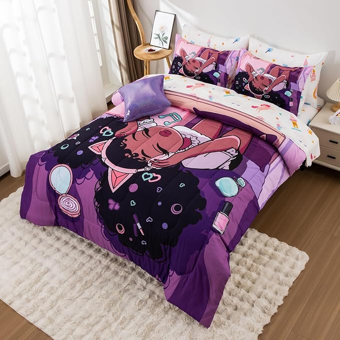 A Nice Night Purple Comforter Sets,Black Girl Listening Music Printed, 6Pcs Bed in A Bag Full Size All Seasons Bedding Set,for Kids, Girls