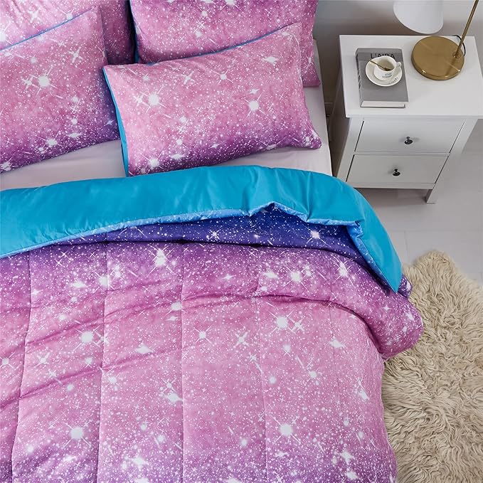 Purple Glitter Comforter Set Twin Size for Girls, Sparkle Galaxy Twinkle Starlight Comforter for Twin(2-Piece)