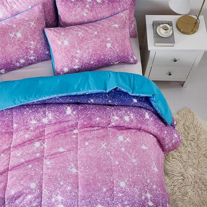 Purple Glitter Comforter Set Twin Size for Girls, Sparkle Galaxy Twinkle Starlight Comforter for Twin(2-Piece)