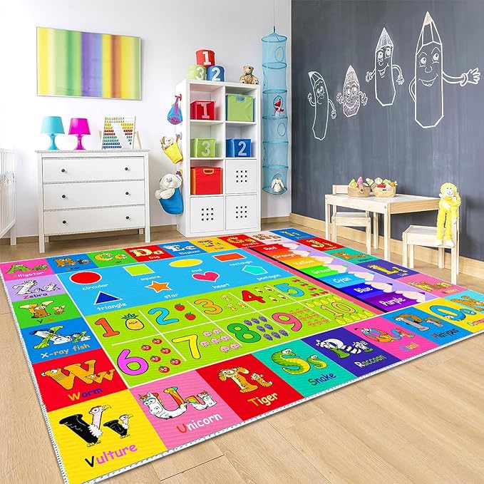 Kids Alphabet Play Game Rug - -4'x6' ABC Numbers and Shapes Educational Learning Toddler Carpet - Kids Room Playroom Classroom Kindergarten Activity Fun Soft Non-Slip Mat