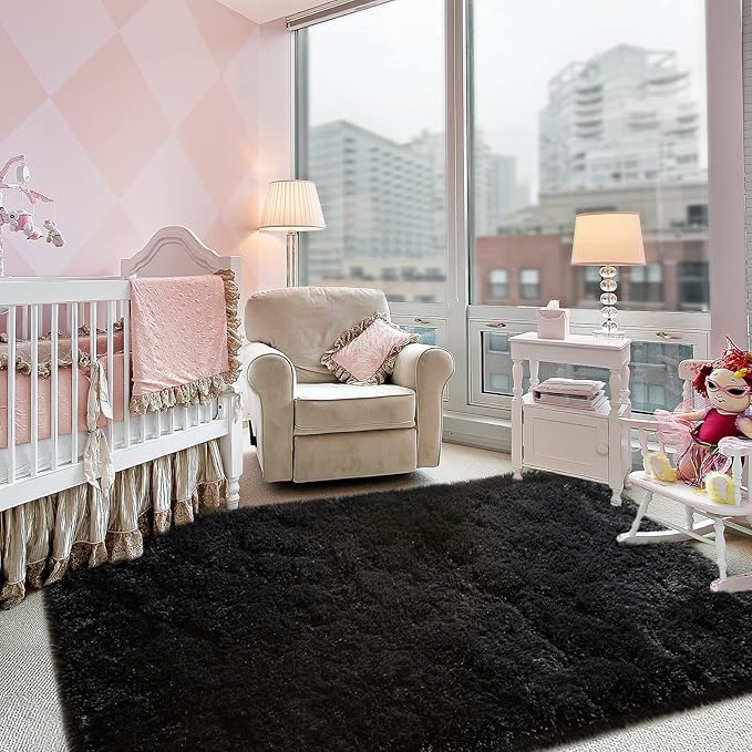 Super Soft Fluffy Shaggy Rugs 6x9 Feet for Living Room Bedroom, Fuzzy Plush Area Rugs for Girls Kids Room Nursery Home Decor, Furry Dorm Rug Cute Non-Slip Indoor Floor Carpet, Black