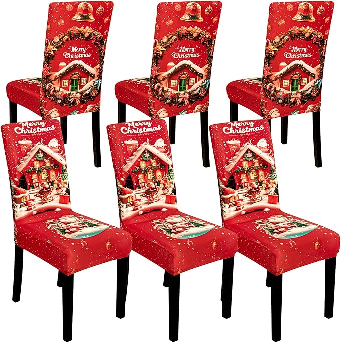 6PCS Christmas Dining Chair Covers Stretch Removable Washable Dining Room Chair Protector Slipcovers Santa Claus House Wreaths Kitchen Chair Cover Slipcover Protector for Xmas Holiday Party Home Décor