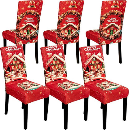6PCS Christmas Dining Chair Covers Stretch Removable Washable Dining Room Chair Protector Slipcovers Santa Claus House Wreaths Kitchen Chair Cover Slipcover Protector for Xmas Holiday Party Home Décor