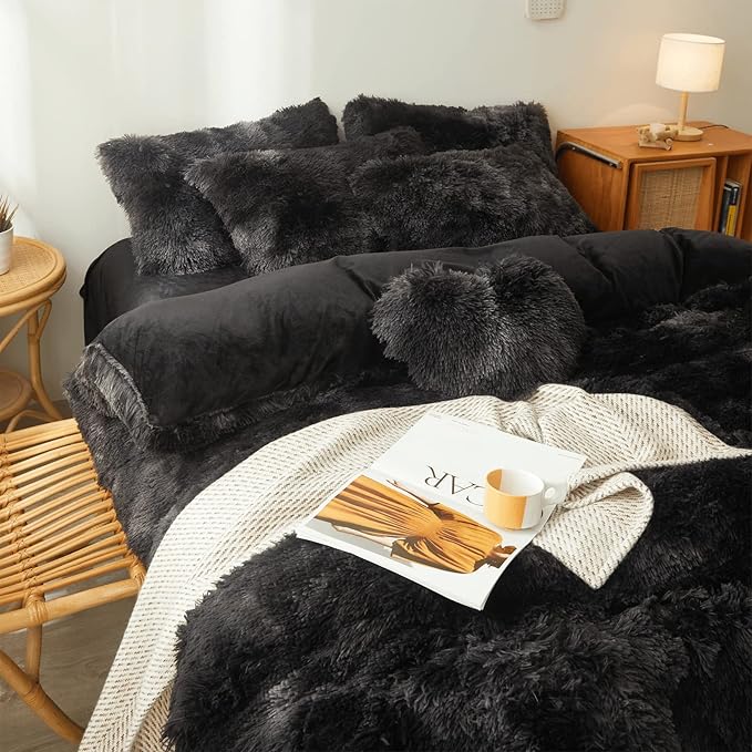 Tie dye Black Plush Fluffy Comforter Cover Set Queen - Ultra Soft Faux Fur tie dye Bedding Sets 3 Pieces (1 Shaggy Duvet Cover + 2 Pillow case) Black Fluffy Bed Set (Tie Dye Black, Queen)