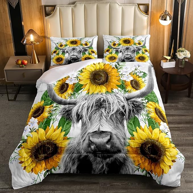 Highland Cow Comforter Set King Sunflowers Art Down Comforter Rustic Bull Cattle Bedding Set for Kids Boys Girls Adult Farmhouse Western Funny Animal Wild Theme Duvet Set Grey Marble Comforter