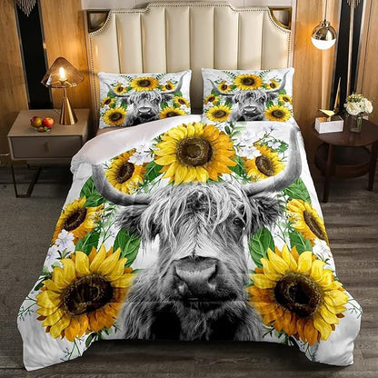Highland Cow Comforter Set King Sunflowers Art Down Comforter Rustic Bull Cattle Bedding Set for Kids Boys Girls Adult Farmhouse Western Funny Animal Wild Theme Duvet Set Grey Marble Comforter