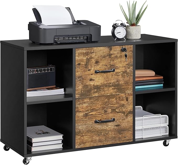 Yaheetech Filing Cabinet Lateral File Cabinet with 2 Drawer and 4 Open Compartments for Letter Size A4 Size, Printer Stand for Home Office, Black/Rustic Brown