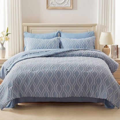 EMME Queen Comforter Set - 7 Pcs Blue Boho Bedding Sets, Full Size Tufted Comforter with Sheets, Shabby Chic Embroidery Queen Bed Set Fluffy Bed Bag for All Season(90"X90")