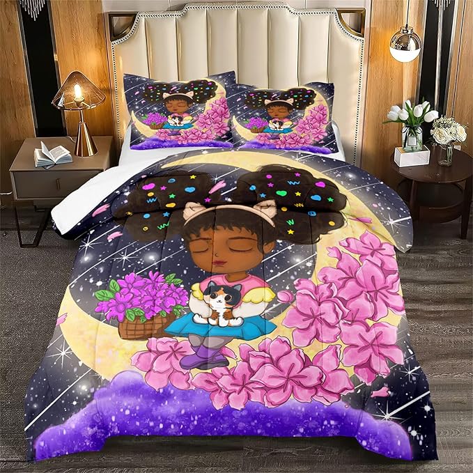 Afro African Girls Comforter Set for Girls Bedroom Teens Black Girls Bedding Sets for Girls Lovely Little African American Girls Comforter with 2 Pillowcases Cute Princess Bedding Set, Queen Size