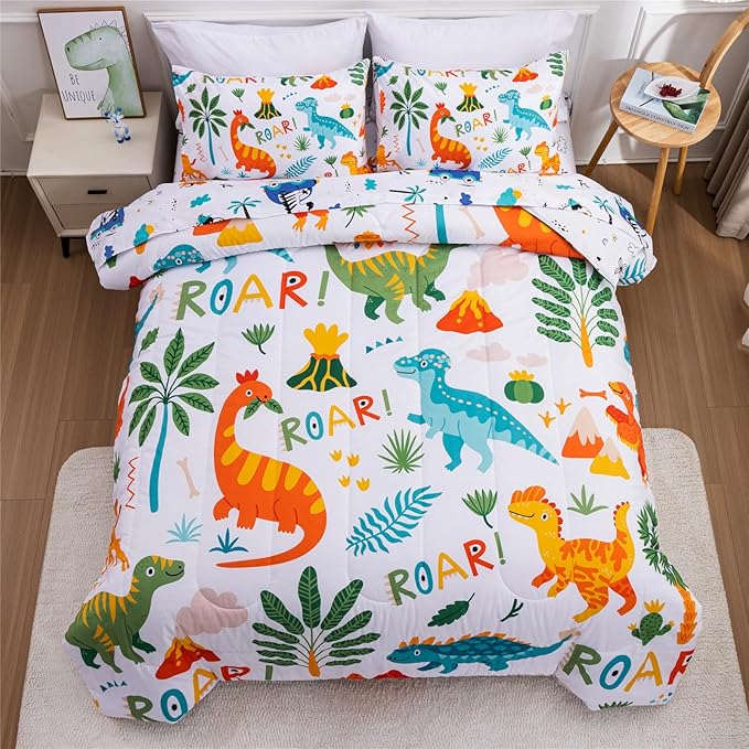 Meeting Story Dinosaur Bedding Set for Boys, Dinosaur Colorful Pattern Style Full Comforter Set, 3 PCS 1 Comforter and 2 Pillowcases in One Bag(Full,White)