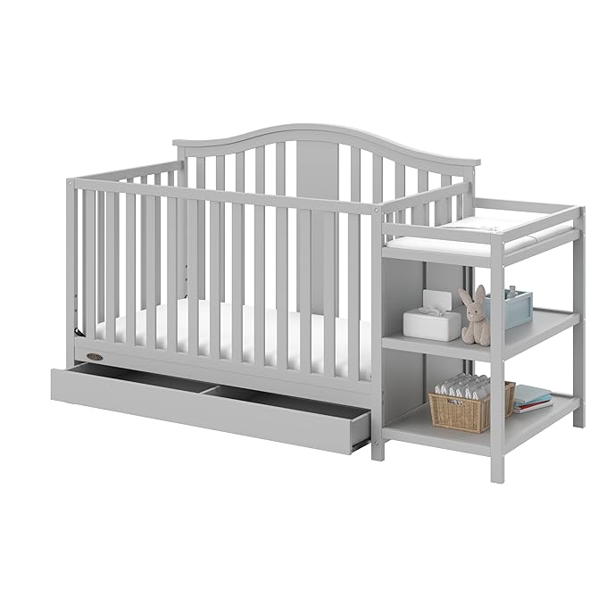 Graco Solano 4-in-1 Convertible Crib and Changer with Drawer (Pebble Gray) – Crib and Changing Table Combo with Drawer, Includes Changing Pad, Converts to Toddler Bed, Daybed and Full-Size Bed