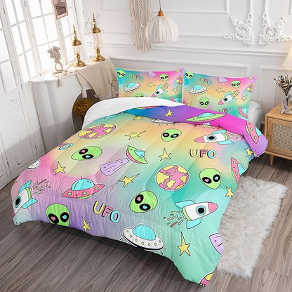 Datura home Space Alien Children Bedding Comforter Set for Girls Kids,Colorful Cartoon Outer Space Planet UFO Lovely Alien Theme Bedding Set with 1 Comforter and 2 Pillowcases(Alien3 Queen)