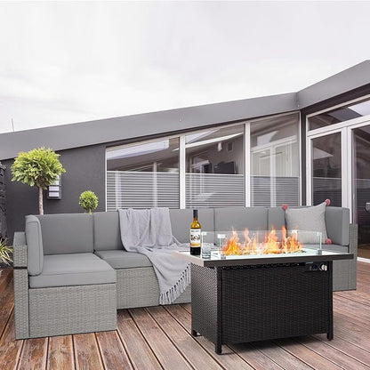 Pamapic 8 Pieces Patio Conversation Sets with fire Pit, Patio Furniture Sectional Sofa with Gas Fire Pit Table(Grey Wicker,Grey Cushions)