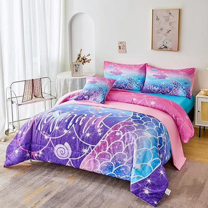 URBONUR 6Pcs Twin Bedding Set for Girls Gradient Purple Blue Mermaid Printed Comforter Set for Twin Bed, Teen Girls Comforter with Sheet Set - Bed in a Bag, Soft and Easy Care Bed Set