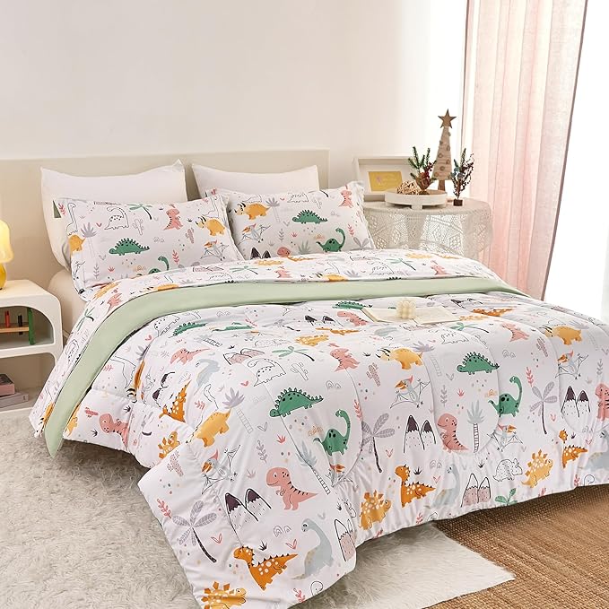 Dinosaur Kids Comforter Set for Boys Twin, Cute Reversible Quilted Dino Printed Bedding Set with Pillow Sham, Lightweight Soft Breathable Machine Washable Bed Set 2 Piece