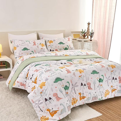 Dinosaur Kids Comforter Set for Boys Twin, Cute Reversible Quilted Dino Printed Bedding Set with Pillow Sham, Lightweight Soft Breathable Machine Washable Bed Set 2 Piece