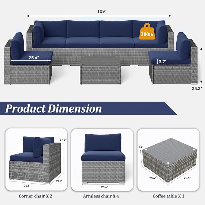 SUNVIVI OUTDOOR 7 Piece Patio Furniture Sets All Weather Grey PE Wicker Couch Sofa with Glass Table, Removable Navy Blue Cushions
