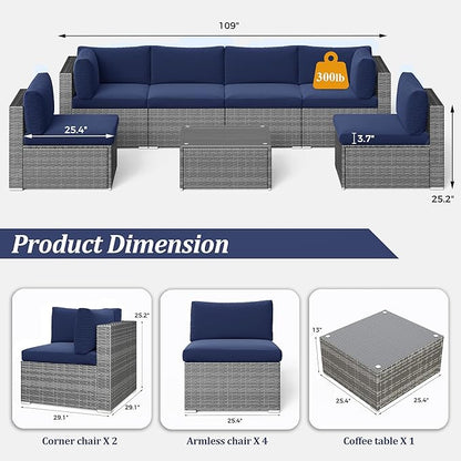 SUNVIVI OUTDOOR 7 Piece Patio Furniture Sets All Weather Grey PE Wicker Couch Sofa with Glass Table, Removable Navy Blue Cushions