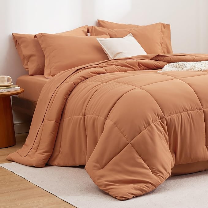 Bedsure Burnt Orange Queen Size Comforter Set - 7 Pieces Solid Queen Bed in a Bag, Queen Bed Set Burnt Orange with Quilted Warm Fluffy Comforters, Sheets, Pillowcases & Shams