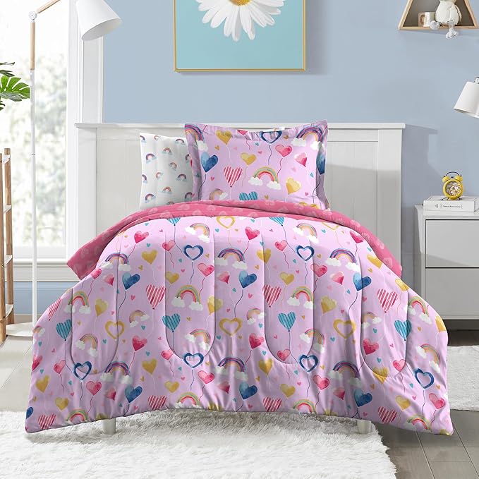Dream Factory Kids 5-Piece Complete Bed Set Easy-Wash Super Soft Microfiber Comforter Bedding, Twin, Lilac Balloon Hearts