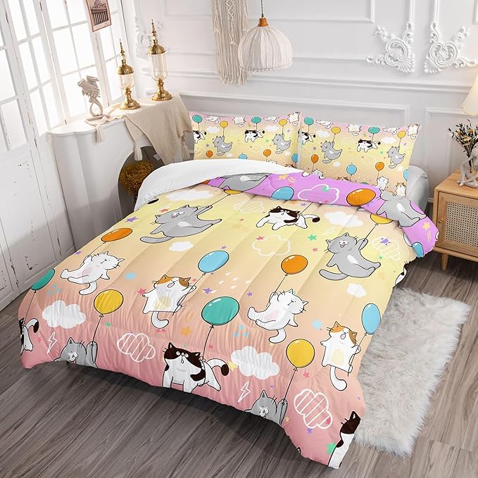 Datura home Kids Comforter Set Cute Cats Printed Pattern Bedding Set with 1 Comforter and 2 Pillowcases for Girls Boys Bedroom All Season(Cat1 Full)