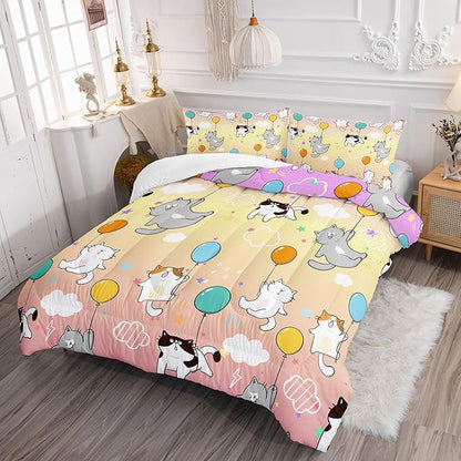 Datura home Kids Comforter Set Cute Cats Printed Pattern Bedding Set with 1 Comforter and 2 Pillowcases for Girls Boys Bedroom All Season(Cat1 Twin)