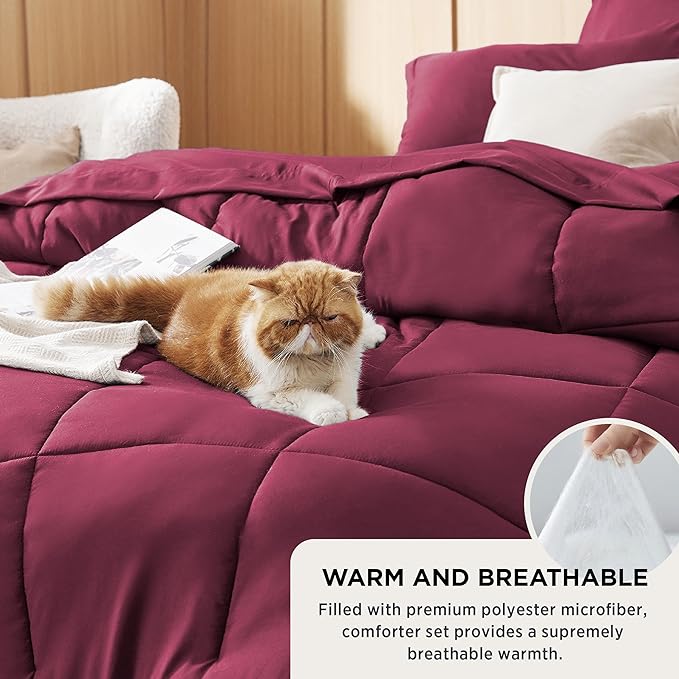 Bedsure Burgundy Queen Comforter Set - 7 Pieces Solid Queen Bed in a Bag, Queen Bed Set Burgundy with Comforters, Sheets, Pillowcases & Shams