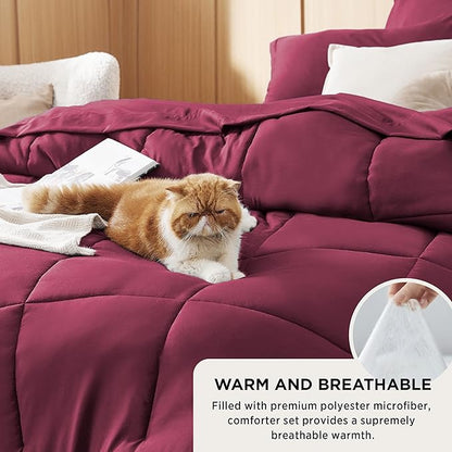Bedsure Burgundy King Size Comforter Set - 7 Pieces Solid King Bed in a Bag, King Bed Set Burgundy with Comforters, Sheets, Pillowcases & Shams