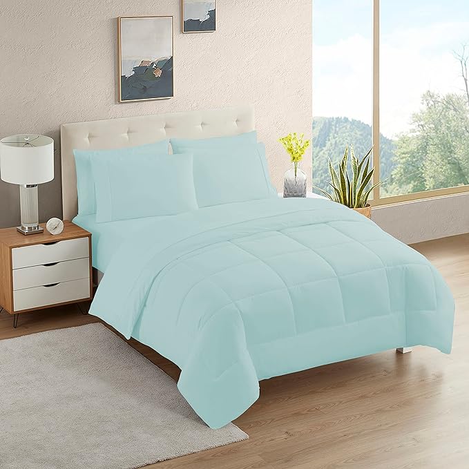 Dorm Room Essentials College Bedding Comforter Set 5 Piece Twin Size Bed in a Bag for College Students Boys and Girls, Twin, Aqua