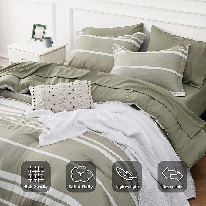 Bedsure Full Size Bedding Sets 7 Pieces, Olive Green White Striped Bedding Comforter Sets All Season Bed Set, 2 Pillow Shams, Flat Sheet, Fitted Sheet and 2 Pillowcases