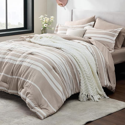 Bedsure Bed in a Bag Full Size 7 Pieces, Light Camel White Striped Bedding Comforter Sets All Season Bed Set, 2 Pillow Shams, Flat Sheet, Fitted Sheet and 2 Pillowcases
