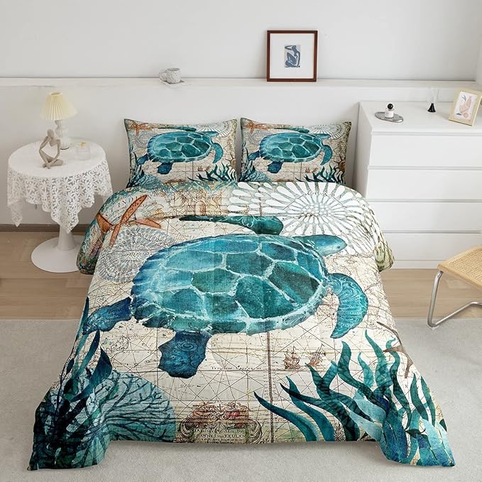 Turtle Bedding Teal Turtle Comforter Set Turquoise Ocean Themed Mediterranean Style Printed Design Ocean Turtle Down Comforter Quilted Duvet Set King Size 1 Comforter 2 Pillowcases (King, Turtle)