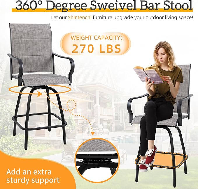 Shintenchi HGB-GR-C patio bar sets, Set of 2, Padded Gray