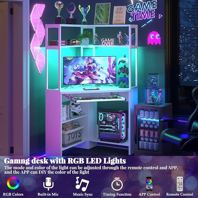 Cyclysio Small Corner Desk with Hutch, Heavy Duty Corner Computer Desk with Power Outlets & LED Light, Triangle Corner Gaming Desk with Keyboard Tray for Home Office, Small Space, Workstation White