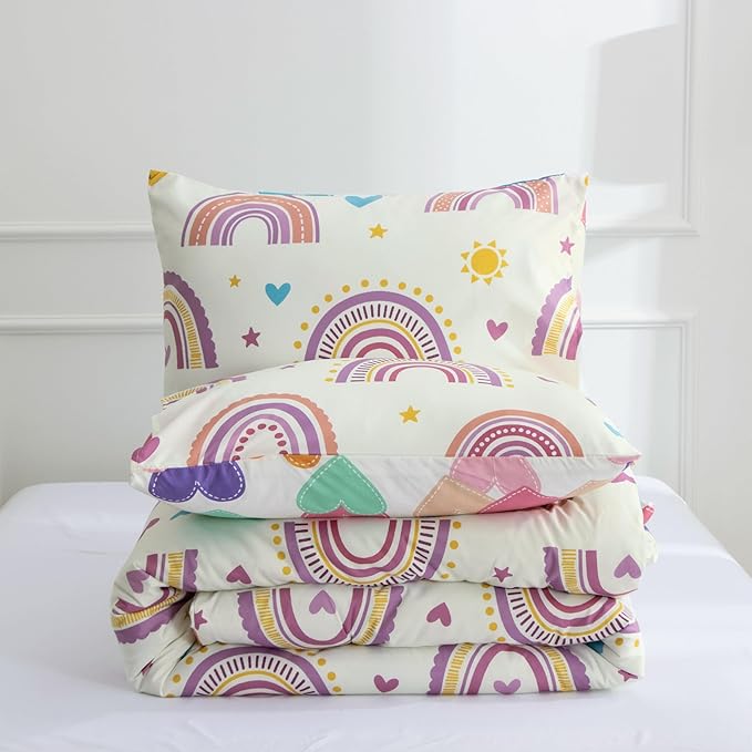 Btargot Lightweight Soft 3 Piece Rainbow Comforter Set with 2 Pillow Covers, Cartoon Love Hearts Suns and Stars Bedding Set for Girls Boys Kids, Full Purple