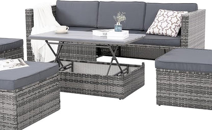 Modular Rattan Outdoor Sectional Furniture, Wicker Conversation Patio Sets with Plywood Coffee Table and Lounger Sofa for Backyard, Dc-Dark Gray