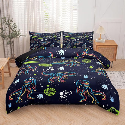 NINENINE Dinosaur Bedding Sets for Boys Kids,Dark Blue Retro Dinosaur Comforter Set,Queen Size Comforter Sets for Kids,with 1 Comforter 2 Pillowcases…