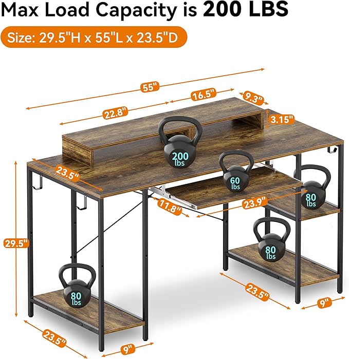 Computer Desk with Keyboard Tray, 55 Inch Music Studio Desk Music Production Desk with Storage Shelves Monitor Stands and 4 Iron Hooks, Desk Workstation Gaming Table for Home Office