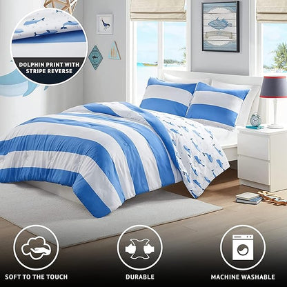Mizone Kids Blake Reversible Dolphin Comforter Set - Adventure Animal Adorable Print with Stripe Reverse, Fun Bedroom Décor, Modern All Season Kids Bedding, Matching Sham, Blue 2 Piece, Full/Queen