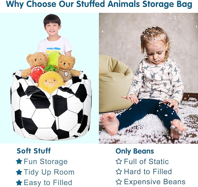 Lukeight Stuffed Animal Storage Bean Bag Chair Cover for Kids, Soccer Zipper Beanbag Chair Cover for Organizing Toddler & Kids' Rooms Plush Toys (Soccer Velvet, XX-Large)