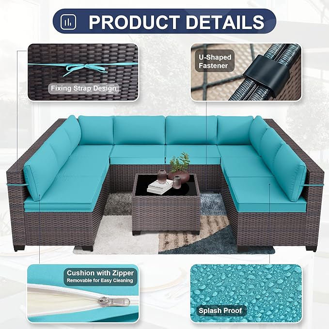 Patio Furniture Set 9-Pieces Outdoor Furniture for Backyard Wicker Sectional Sofa Set, Rattan Patio Conversation Set with Thickened Cushions and Glass Coffee Table, Turquoise
