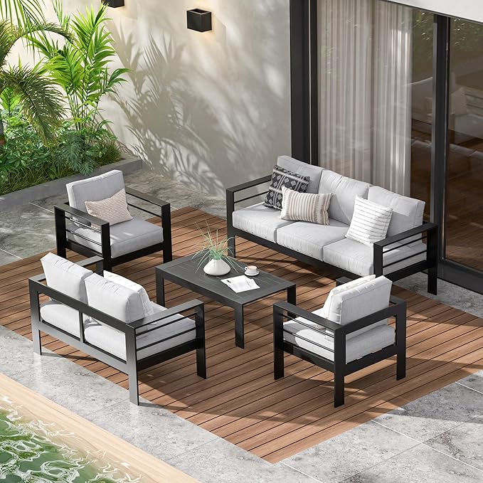 Wisteria Lane Aluminum Patio Furniture Set, 5 Piece Outdoor Conversation Set, Sectional Metal Sofa with 5 Inch Cushion and Coffee Table for Balcony, Backyard, Garden, Black Frame and Grey Cushion
