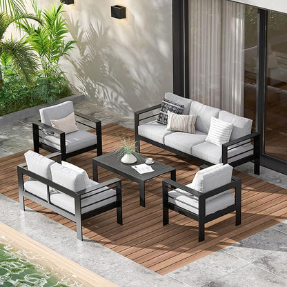 Wisteria Lane Aluminum Patio Furniture Set, 5 Piece Outdoor Conversation Set, Sectional Metal Sofa with 5 Inch Cushion and Coffee Table for Balcony, Backyard, Garden, Black Frame and Grey Cushion