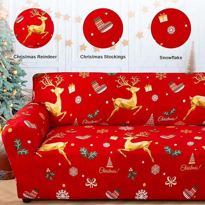 Mybedsoul Christmas Printed Red Sofa Cover Reindeer Printed Elastic Couch Cover Machine Washable Christmas Theme Red Sofa Slipcover for Living Room(3 Seater/Loveseat)