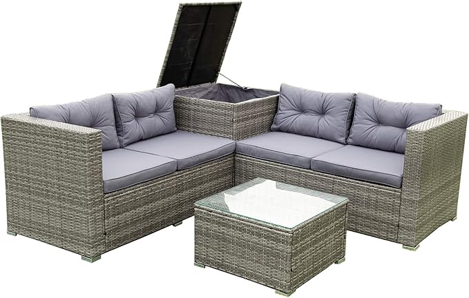4-Piece Patio Furniture Outdoor Sofa Set, Wicker Sectional Loveseat Couch with Large Storage Box and Glass Table, for Garden Backyard Porch, 1, Gray