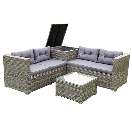 Patio Furniture Set, 4 Pieces PE Wicker Rattan Outdoor Conversation Sectional Sofa with Tempered Glass Table and Storage Box, for Backyard Lawn Garden Lown Porch, E-Grey